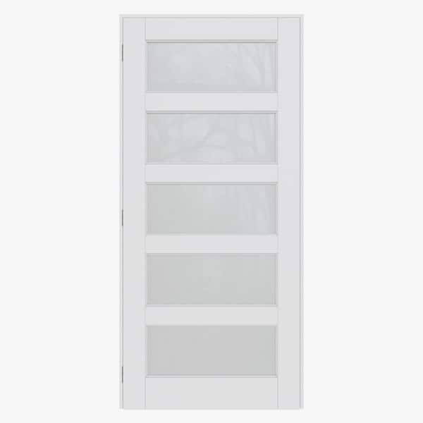 36 in. x 80 in. 5-Lite Frosted Glass Right White Solid Core Glass Single Prehung Interior Door with Quick Assemble Jamb