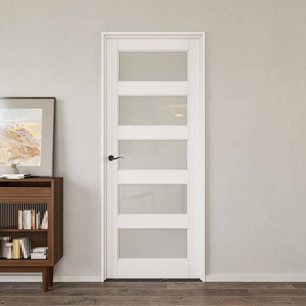 36 in. x 80 in. 5-Lite Frosted Glass Right White Solid Core Glass Single Prehung Interior Door with Quick Assemble Jamb