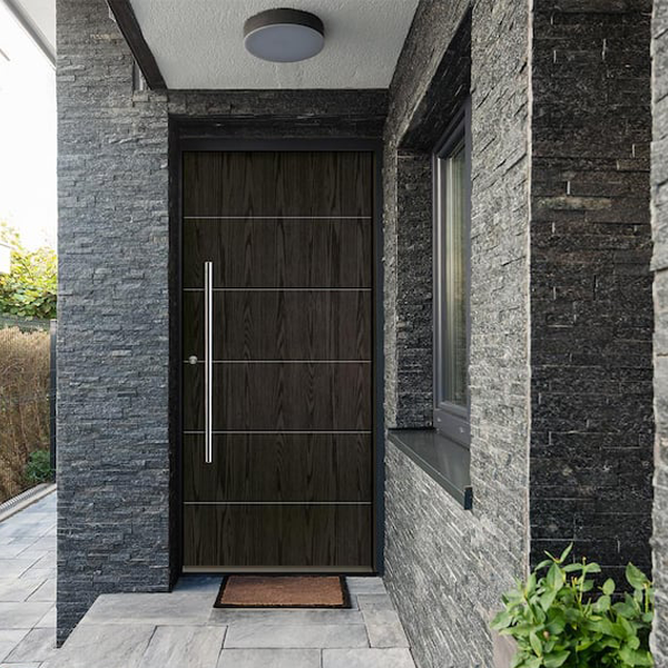 TETON Modern Faux Pivot 36 in. x 79 in. Right-Hand/Inswing Solid Panel Baby Grand Stain Fiberglass Prehung Front Door