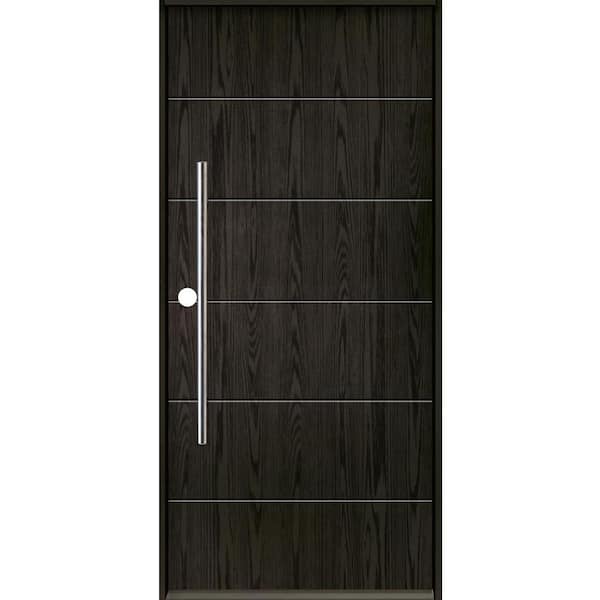 TETON Modern Faux Pivot 36 in. x 79 in. Right-Hand/Inswing Solid Panel Baby Grand Stain Fiberglass Prehung Front Door