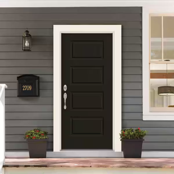 36 in. x 80 in. 4 Panel Equal Right-Hand/Inswing Black Steel Prehung Front Door