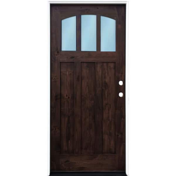 36 in. x 80 in. Craftsman Espresso Left Hand Inswing 3-lite w/ Arched Reed Glass Stained Alder Wood Pre-Hung Front Door
