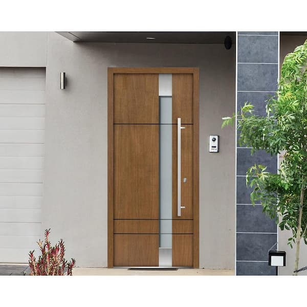 36 in. x 80 in. 1 Panel Left-Hand/Inswing 4 Lites Frosted Glass Brown Finished Steel Prehung Front Door with Hardware