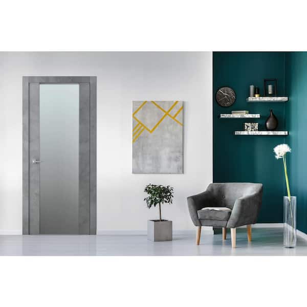 32 in. x 80 in. Vona 202 Dark Urban Right-Hand Solid Core Wood 1-Lite Frosted Glass Single Prehung Interior Door