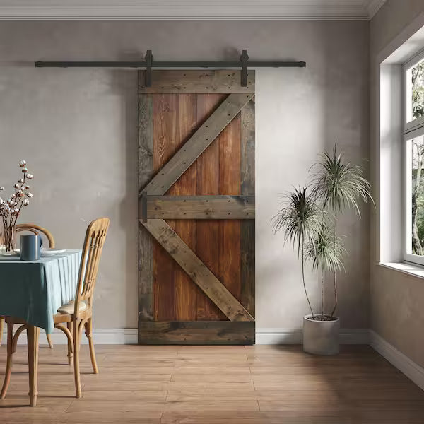 K Series 42 in. x 84 in. Dark Walnut/Aged Barrel Knotty Pine Wood Sliding Barn Door with Hardware Kit