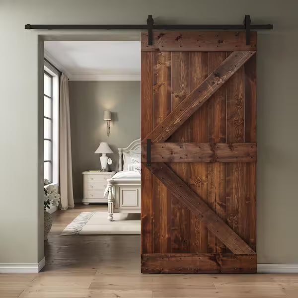 K Series 42 in. x 84 in. Dark Walnut DIY Knotty Pine Wood Sliding Barn Door with Hardware Kit