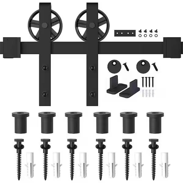 8 ft. /96 in. Frosted Black Sliding Barn Door Track and Hardware Kit for Single with Non-Routed Floor Guide