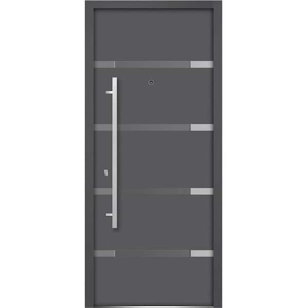 36 in. x 80 in. Single Panel Right-Hand/Inswing 4 Lites Tinted Glass Gray Finished Steel Prehung Front Door with Handle
