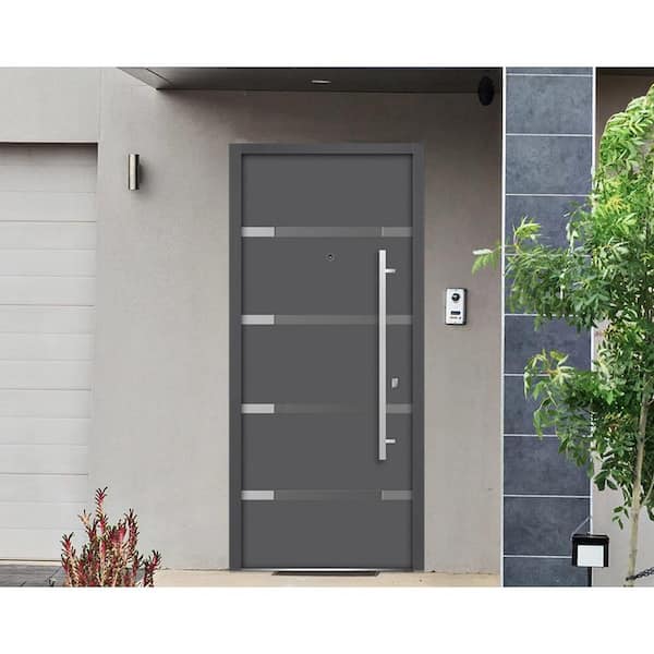 36 in. x 80 in. Single Panel Right-Hand/Inswing 4 Lites Tinted Glass Gray Finished Steel Prehung Front Door with Handle