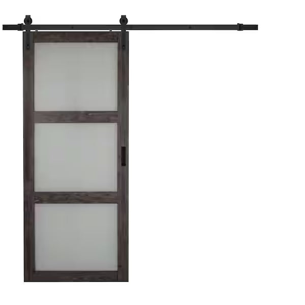 36 in. x 84 in. Iron Age Gray 3-Lite Frosted Glass MDF Barn Door with Hardware