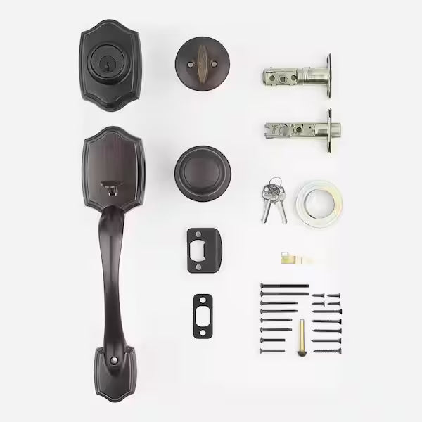 Belleview and Cove Venetian Bronze Entry Door Knob Handleset and Single Cylinder Deadbolt feat. SmartKey and Microban