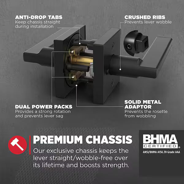 Halifax Square Matte Black Bed/Bath Door Handle with Lock (4-Pack)