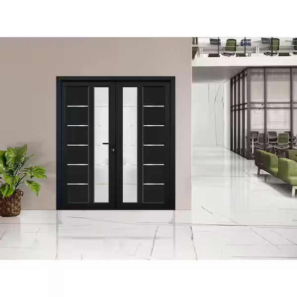 72 in. x 80 in. Right-Hand/Inswing Frosted Glass Matte Black Doouble Steel Prehung Front Door with Hardware