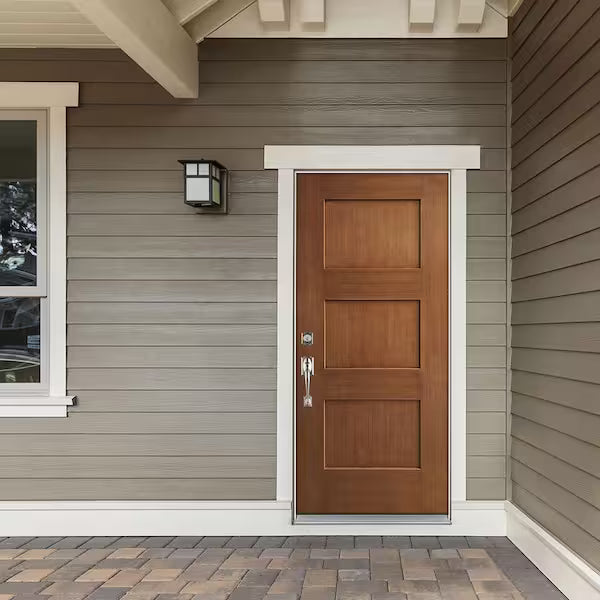 36 in. x 80 in. Right-Hand Medium Oak 3 Panel Shaker Fiberglass Prehung Front Door