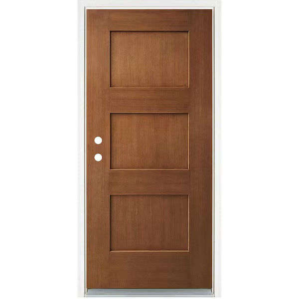 36 in. x 80 in. Right-Hand Medium Oak 3 Panel Shaker Fiberglass Prehung Front Door