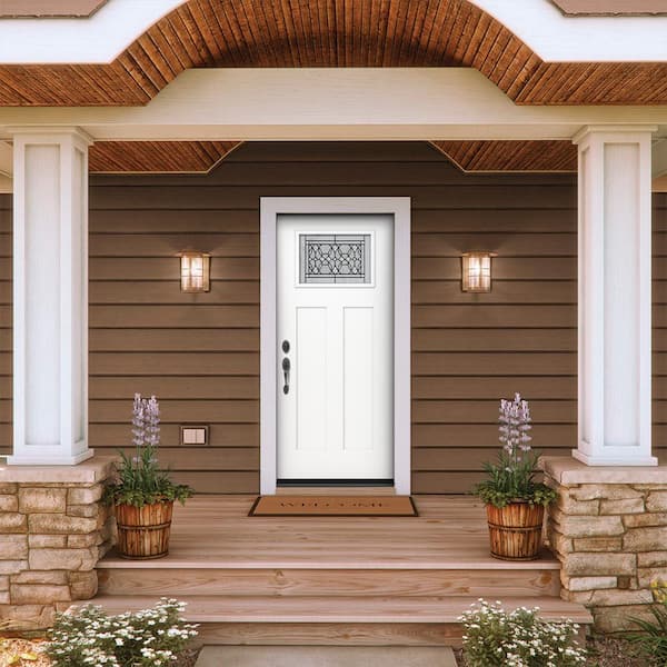 36 in. x 80 in. Right-Hand 1/4 Lite Craftsman Selwyn Decorative Glass Modern White Fiberglass Prehung Front Door