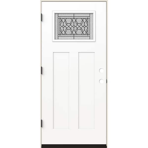 36 in. x 80 in. Right-Hand 1/4 Lite Craftsman Selwyn Decorative Glass Modern White Fiberglass Prehung Front Door