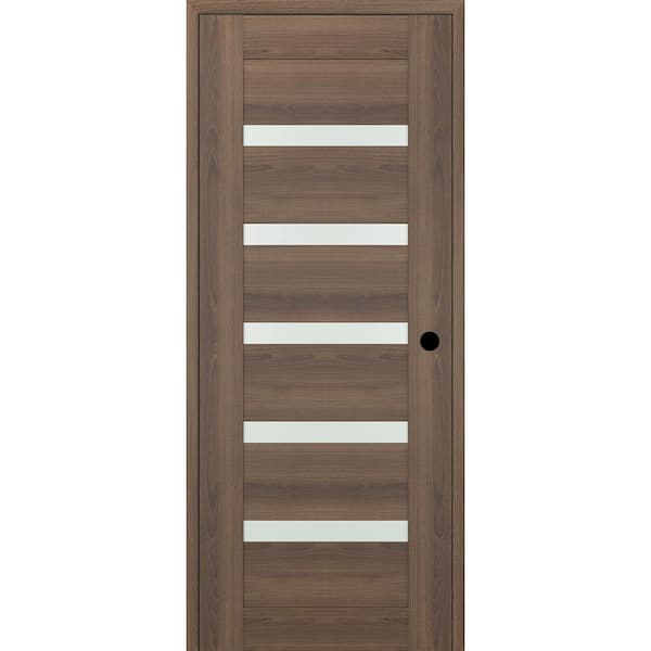 Vona 07-04 DIY-Friendly 36 in. x 80 in. Left-Hand Frosted Glass Pecan Nutwood Wood Composite Single Swing Interior Door