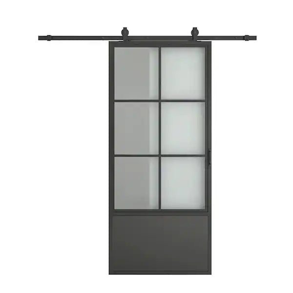 37 in. x 84 in. 3/4 Lites Frosted Glass Black Steel Frame Interior Barn Door with Sliding Hardware Kit and Door Handle