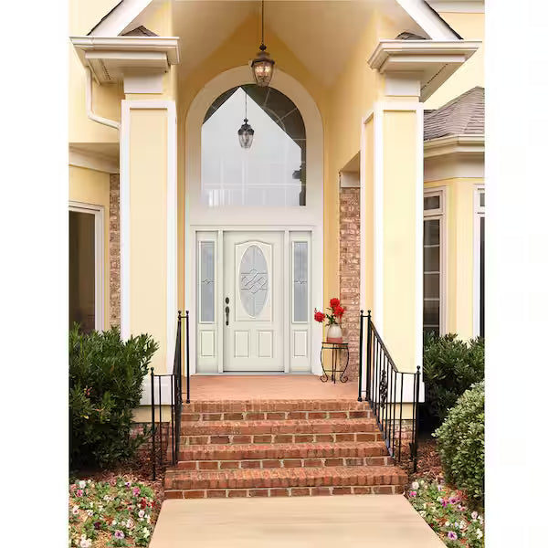 60 in. x 80 in. Right-Hand/Inswing 3/4 Oval Brevard Decorative Glass Primed Steel Prehung Front Door with Sidelites