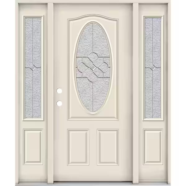 60 in. x 80 in. Right-Hand/Inswing 3/4 Oval Brevard Decorative Glass Primed Steel Prehung Front Door with Sidelites