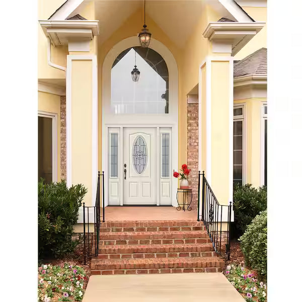 60 in. x 80 in. Right-Hand 3/4 Oval McAlpine Decorative Glass Primed Steel Prehung Front Door with Sidelites