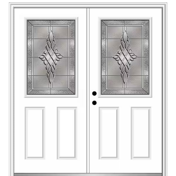 72 in. x 80 in. Grace Right-Hand Inswing 1/2-Lite 2-Panel Decorative Primed Steel Prehung Front Door on 6-9/16 in. Frame