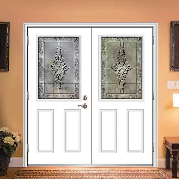 72 in. x 80 in. Grace Right-Hand Inswing 1/2-Lite 2-Panel Decorative Primed Steel Prehung Front Door on 6-9/16 in. Frame