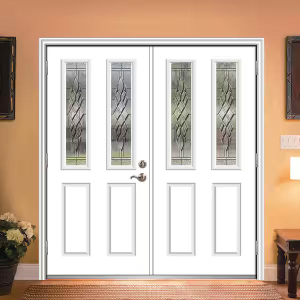 60 in. x 80 in. Grace Right-Hand Inswing 2-Lite 2-Panel Decorative Primed Steel Prehung Front Door on 6-9/16 in. Frame