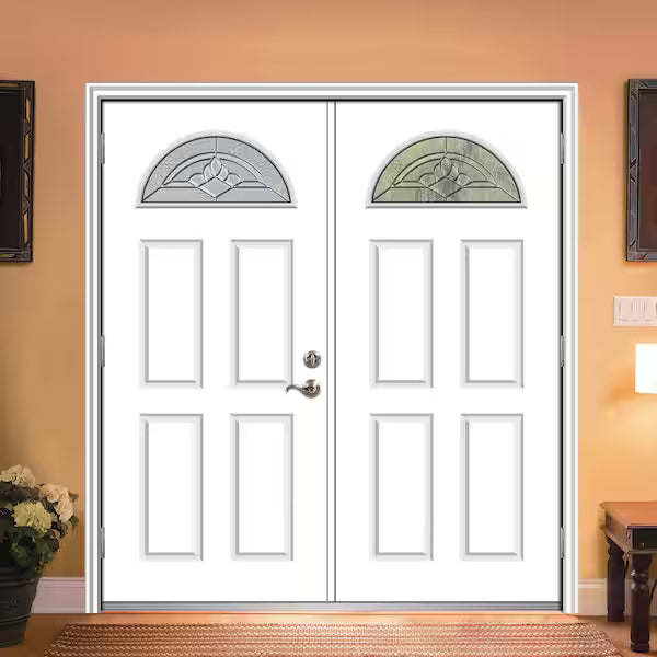72 in. x 80 in. Grace Right-Hand Inswing Fan-Lite 4-Panel Decorative Primed Steel Prehung Front Door on 6-9/16 in. Frame