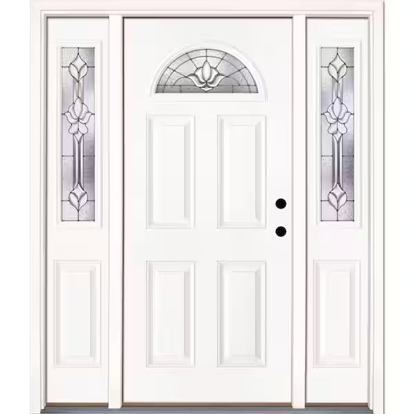 63.5 in. x 81.625 in. Medina Zinc Fan Lite Unfinished Smooth Left-Hand Fiberglass Prehung Front Door with Sidelites