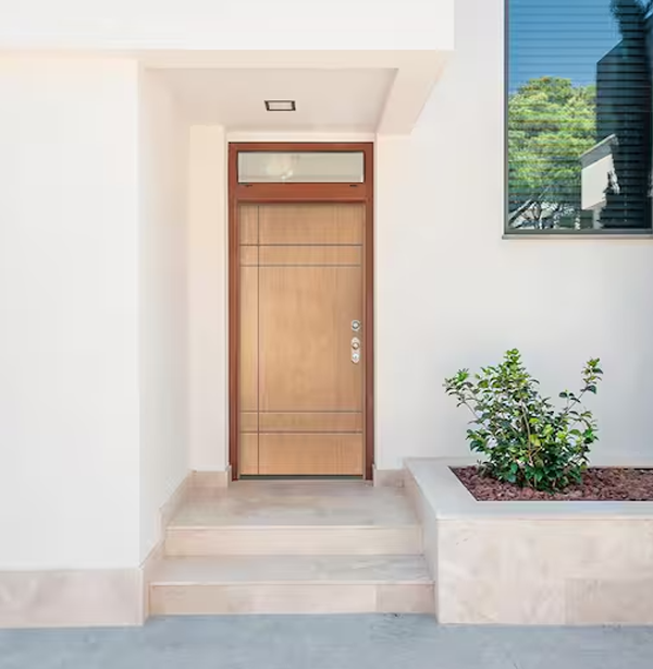 SUMMIT Modern 36 in. x 79 in. Left-Hand/Inswing 10-Grid Solid Panel Teak Stain Fiberglass Prehung Front Door