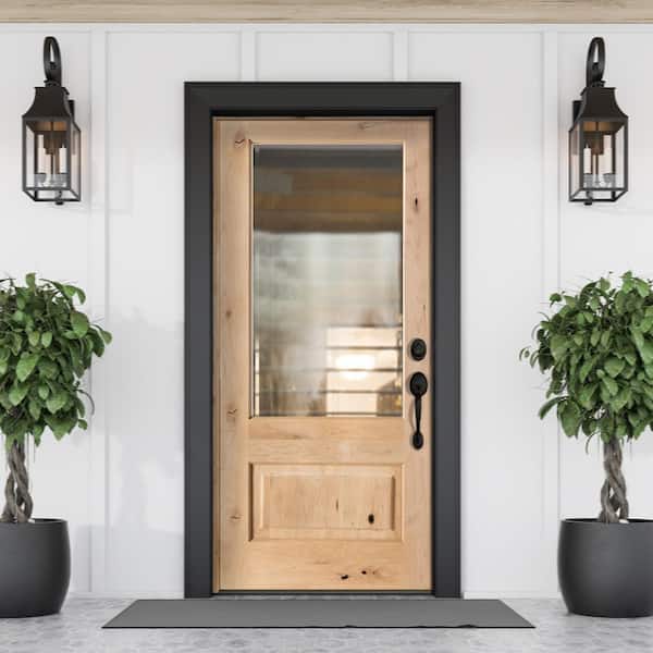 36 in. x 80 in. Modern Farmhouse Knotty Alder Left-Hand/Inswing 3/4 Lite Clear Glass Unfinished Wood Prehung Front Door