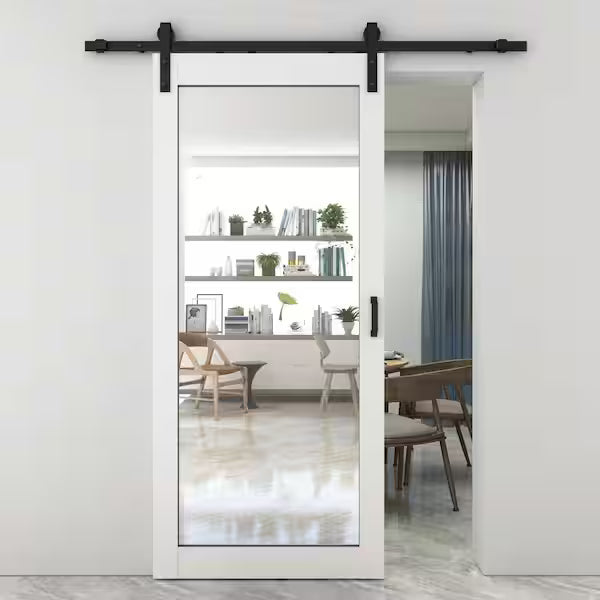 36 in. x 84 in. Mirrored Glass White MDF Interior Sliding Barn-Door with Hardware Kit and-Door Handle