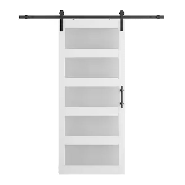 36 in. x 84 in. 5-Panel Frosted Glass White Prefinished MDF Interior Sliding Barn Door with Hardware Kit