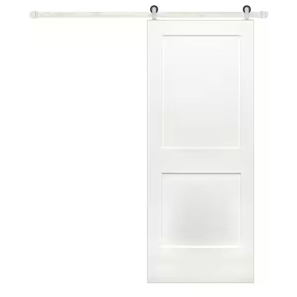 42 in. x 84 in. Shaker 2-Panel Primed Wood Interior Barn Door with Satin Nickel Hardware