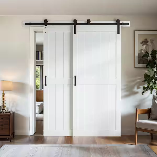 65 in. x 84 in. (Double 36 in.) Bypass 2-Panel Plank White Finished MDF Interior Sliding Barn Door with Hardware Kit