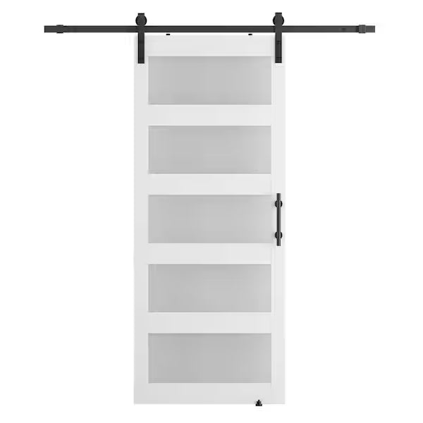 36 in. x 84 in. Iron Age Gray 3-Lite Frosted Glass MDF Barn Door with Hardware