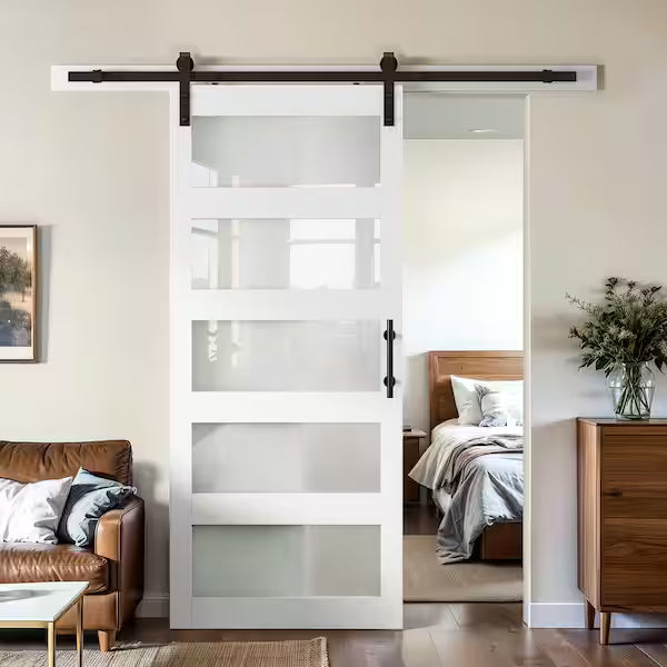 36 in. x 84 in. Iron Age Gray 3-Lite Frosted Glass MDF Barn Door with Hardware